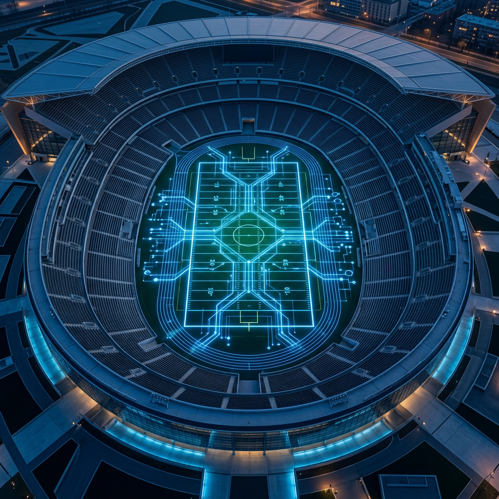 Aerial view of an empty stadium with a glowing futuristic football field