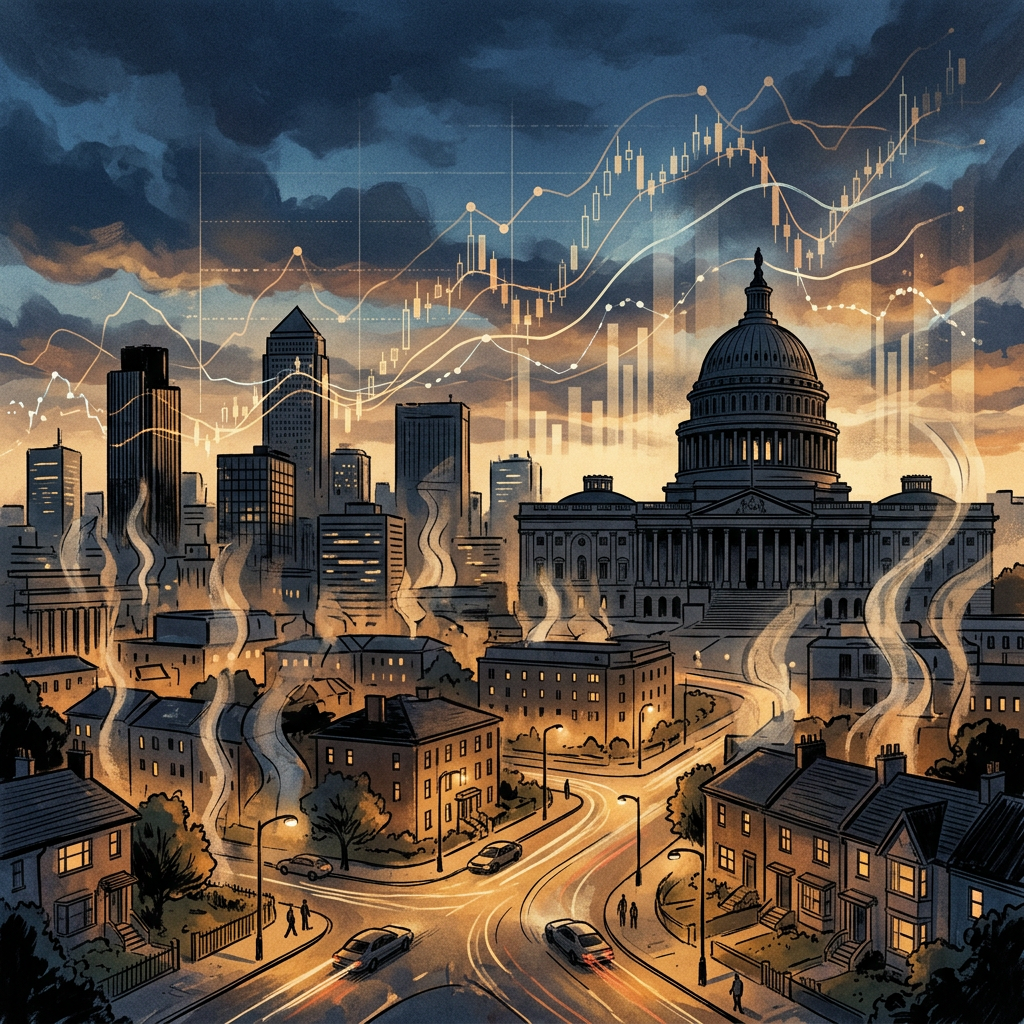 Illustrated city with U.S. Capitol, financial charts, skyscrapers, and winding streets