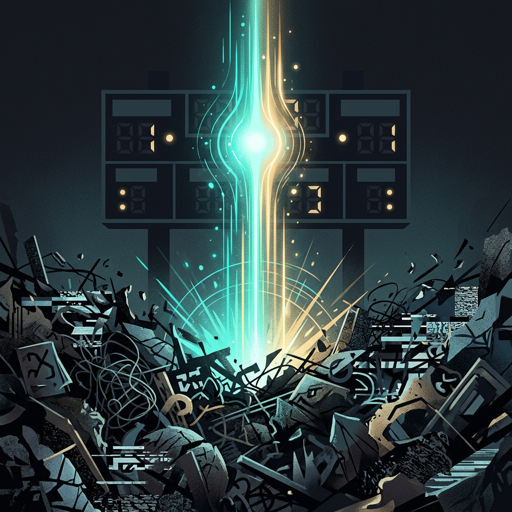 Glowing teal and gold energy rising from digital rubble beneath a scoreboard