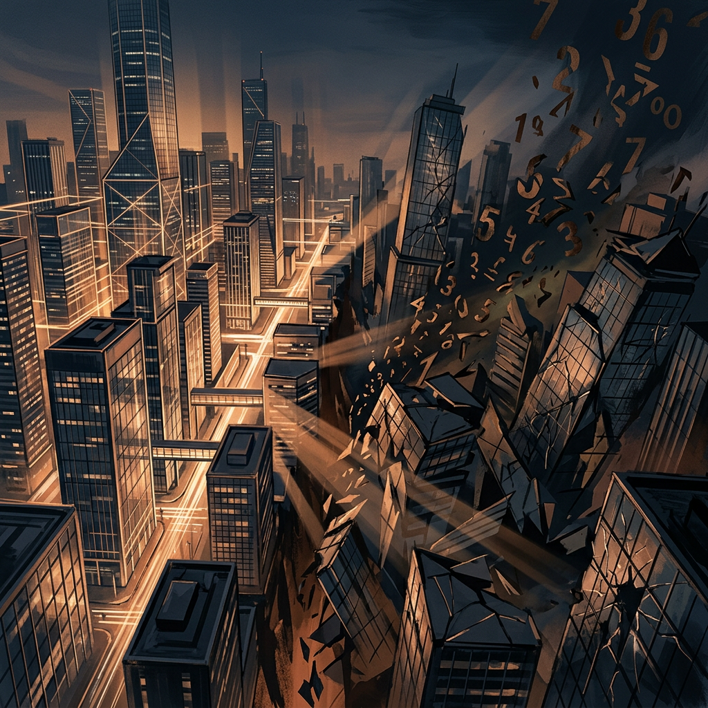 Futuristic city skyline split between orderly towers and collapsing buildings with floating numbers