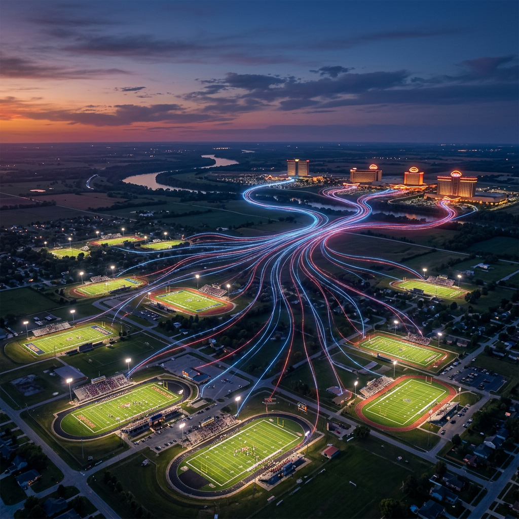 Aerial view of lit sports fields connected by colorful light trails