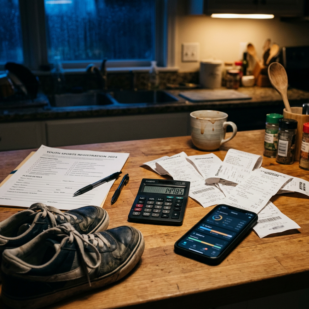 Youth Sports Registration 2024 form with receipts, calculator, phone, and shoes