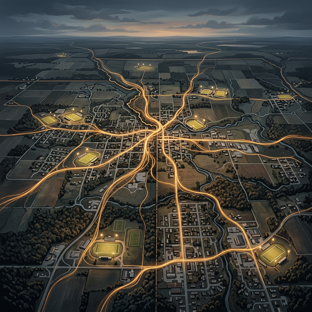 Illustrated regional map with glowing roads and multiple sports stadiums