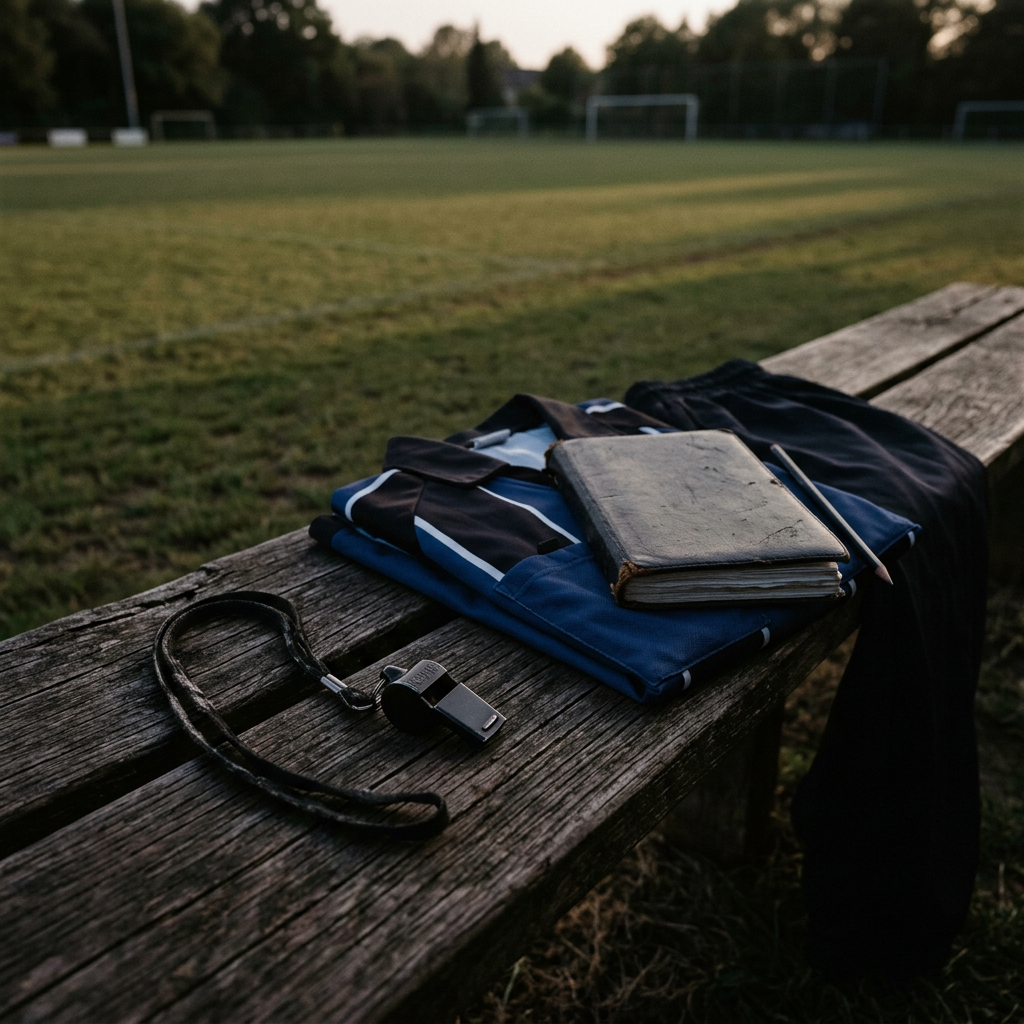 Notebook, whistle, pencil, and sportswear on a bench beside a soccer field