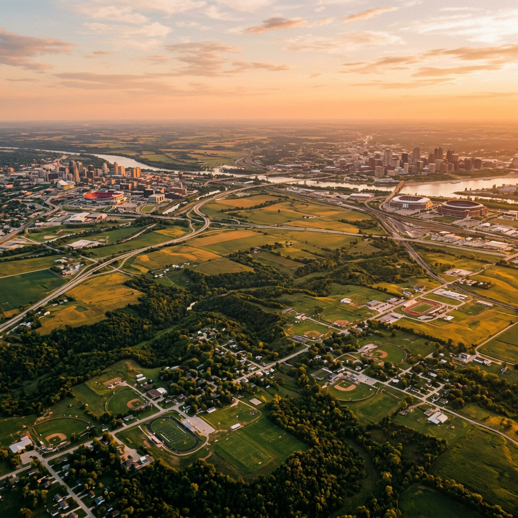 Aerial view of sports fields, farmland, highways, waterways, and city skyline