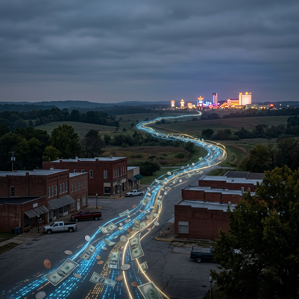 Glowing roads carrying money through a small town toward illuminated casinos