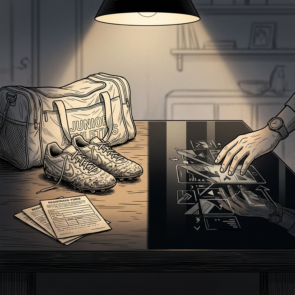 Sports bag, Junior Athletics shoes, and registration forms beside a hand reviewing design sketches