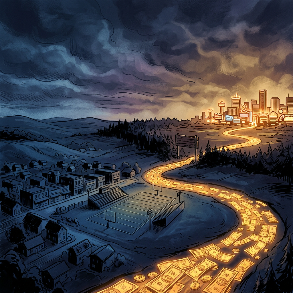 Illustration of a glowing road of dollar bills leading from a rural town to a brightly lit city