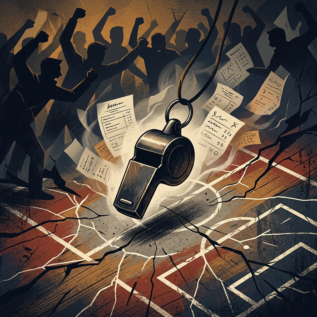 Whistle suspended over notes and cracked ground before silhouetted protesters