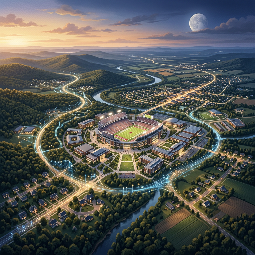 A stadium campus surrounded by roads, neighborhoods, rivers, farmland, and wooded hills