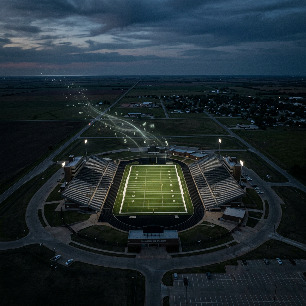 Aerial view of an illuminated football stadium and surrounding town at dusk