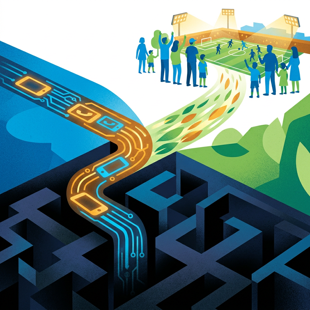 Circuit pathway emerging from maze toward a soccer field and community