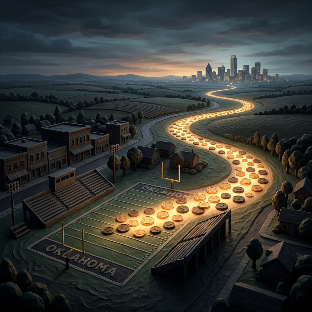 Glowing coin trail winds from an Oklahoma football field through farmland toward a city skyline at dusk