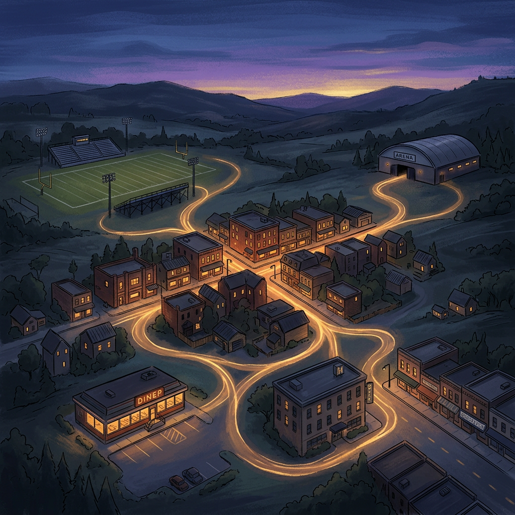 Illustrated mountain town with glowing roads, labeled DINER and ARENA, football field