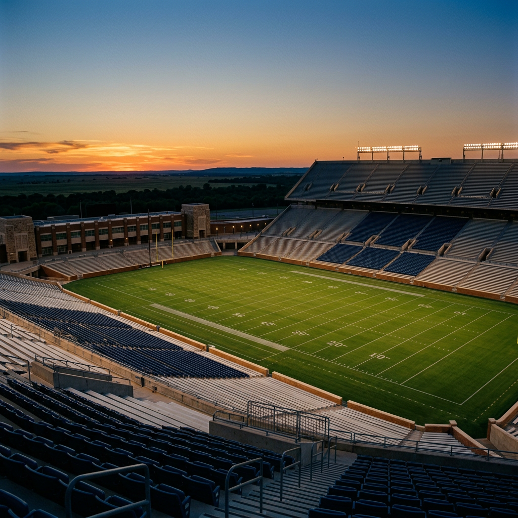 Empty football stadium with illuminated stands at sunset