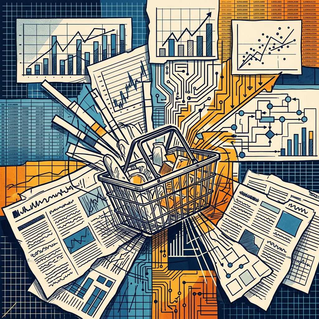Shopping basket surrounded by charts, reports, graphs, and market data