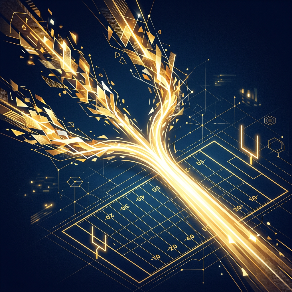 Golden abstract streams flowing over circuit patterns and measurement grids