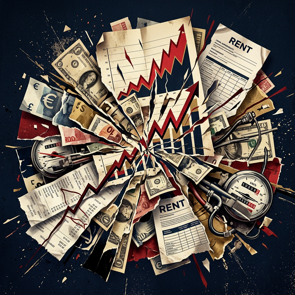 Collage of rising graphs, rent forms, currencies, bills, and speedometers