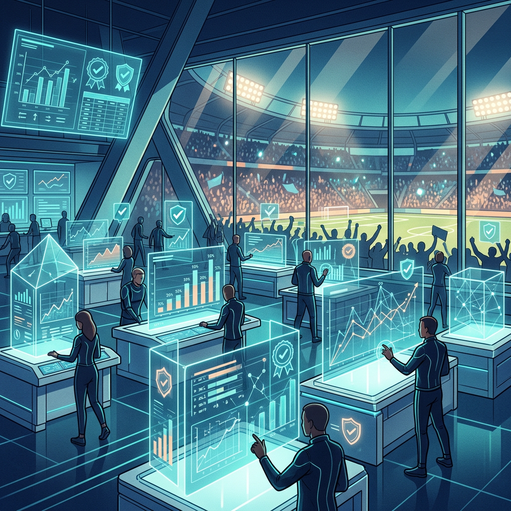 Analysts monitor glowing sports charts inside a futuristic stadium control center