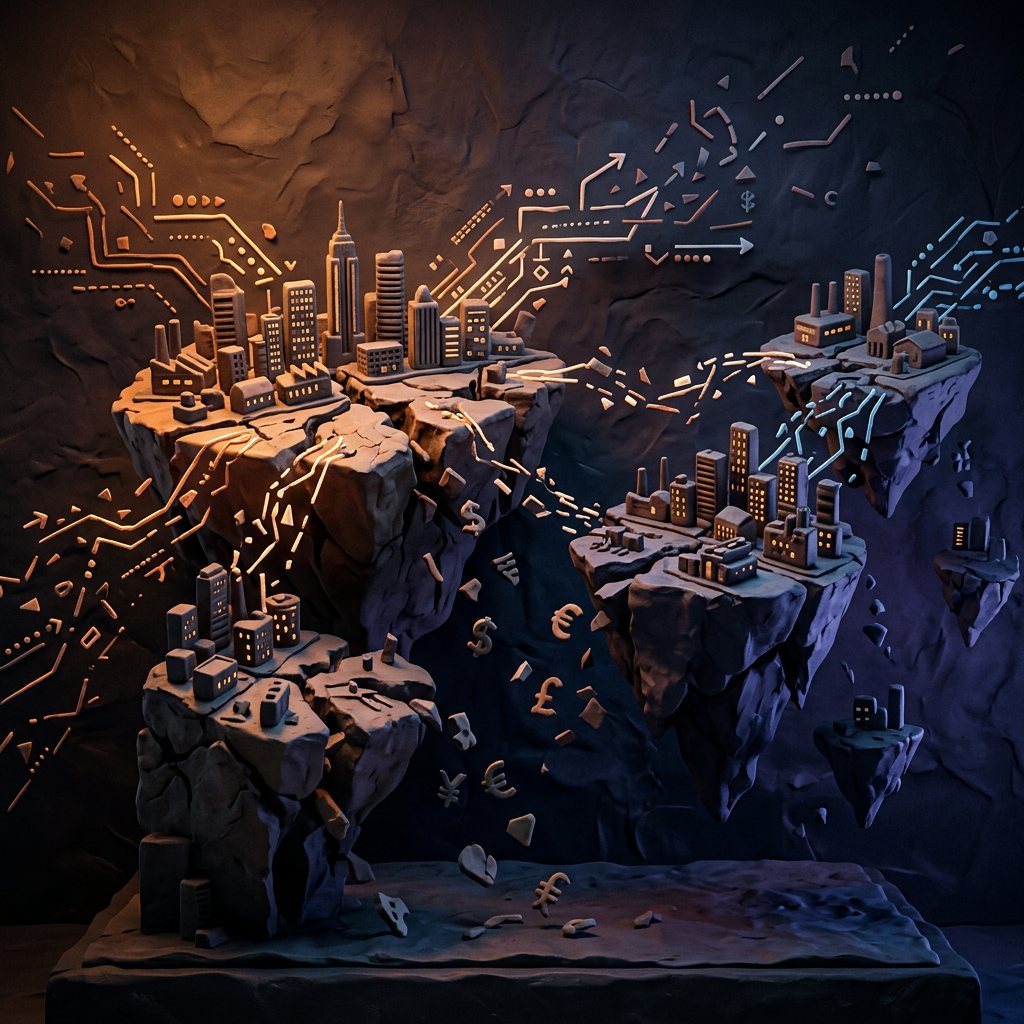 Surreal floating city islands connected by glowing orange and blue routes with currency symbols