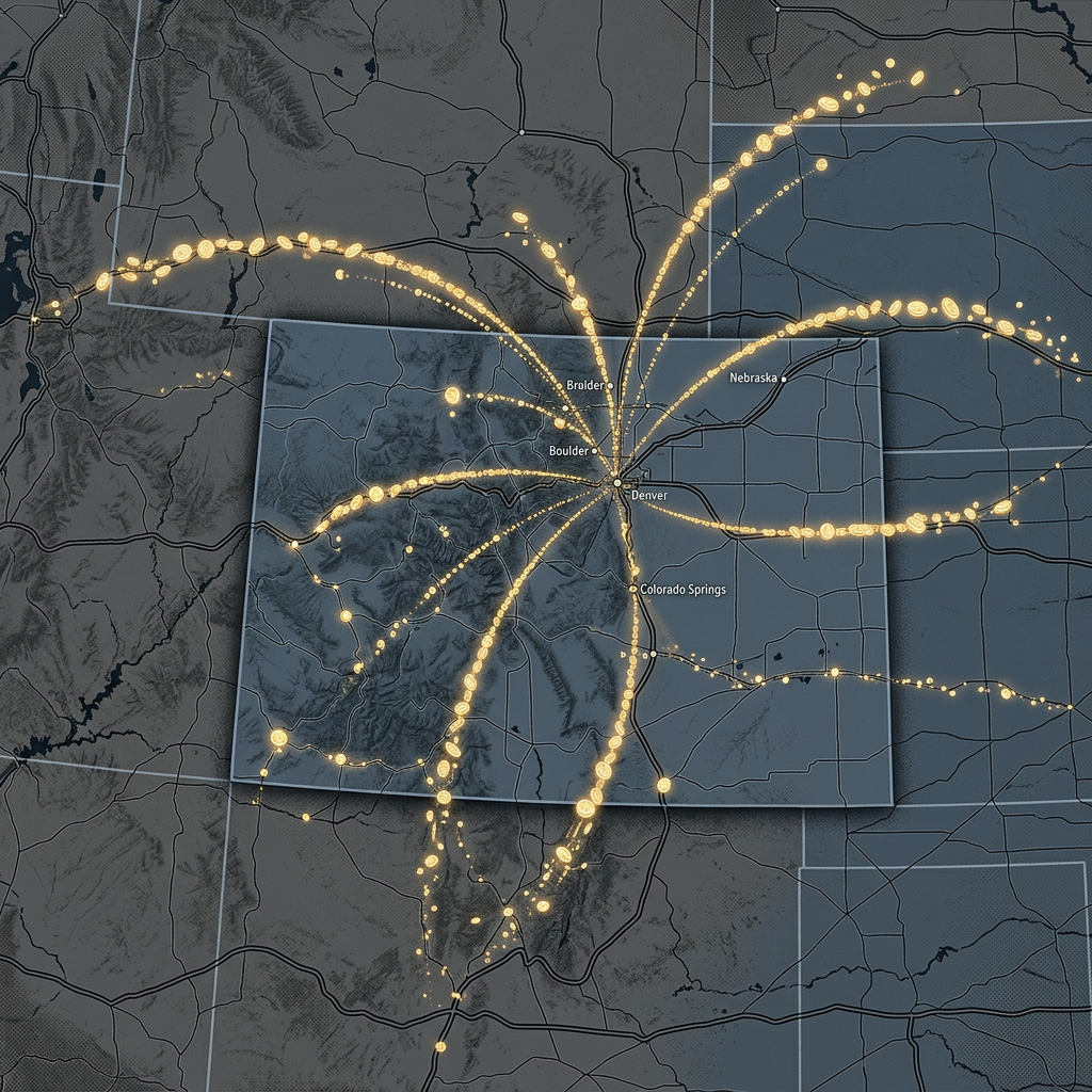 Dark regional map showing glowing routes radiating from Denver