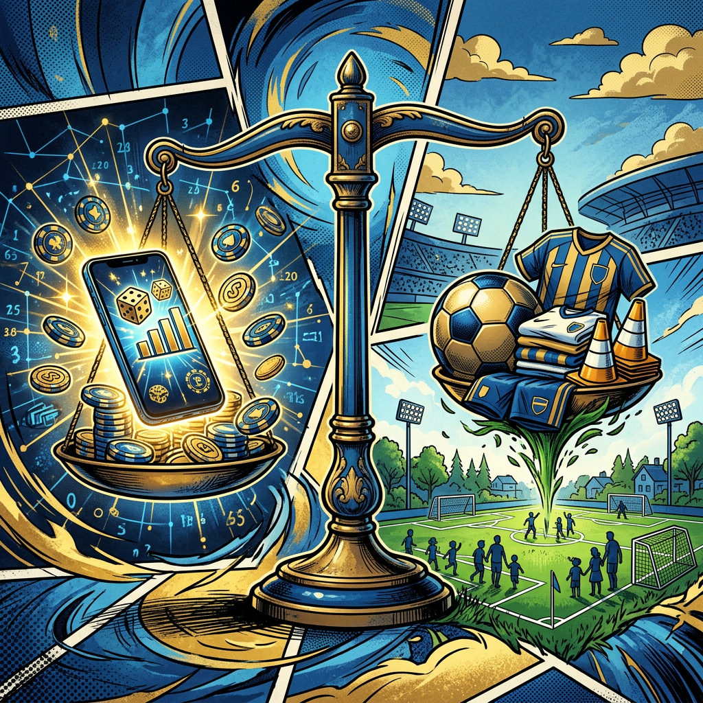Illustrated scale balancing sports betting analytics with community soccer