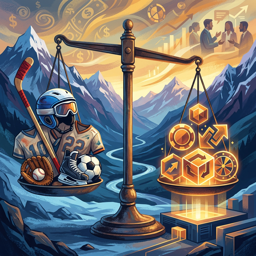 Balanced scale comparing sports equipment with business growth symbols against a mountain landscape