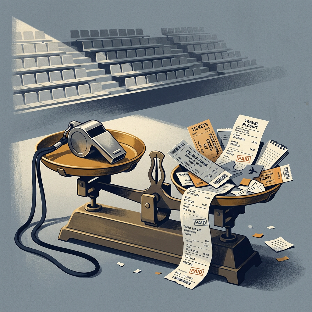 Balance scale with headphones, travel receipts, tickets, and stadium seating