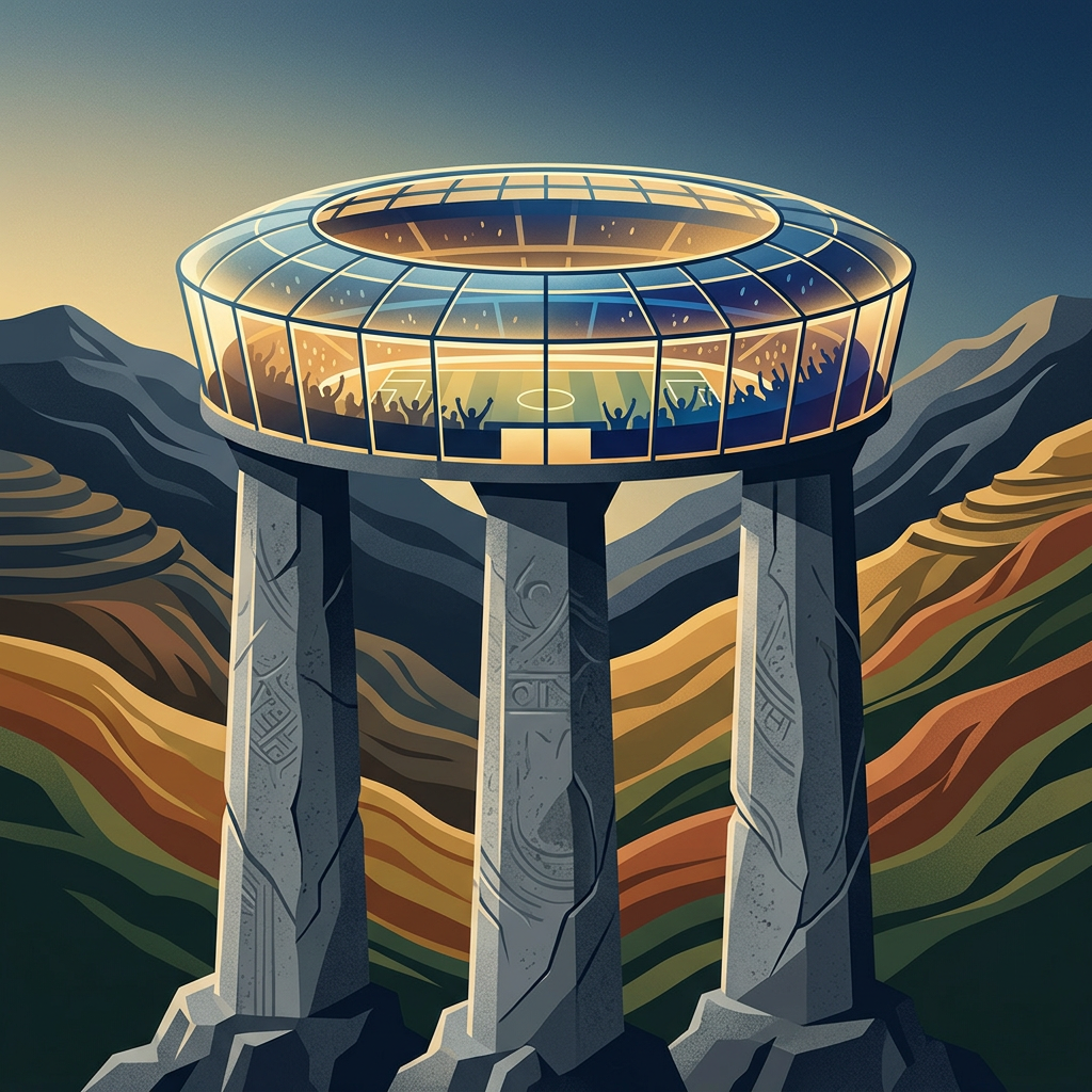 Futuristic domed soccer stadium elevated on pillars above a mountainous landscape