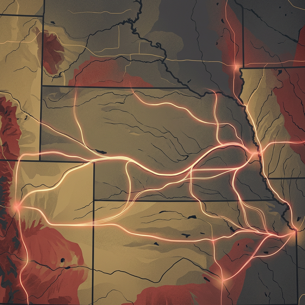 Abstract map with glowing interconnected routes across earthy regions