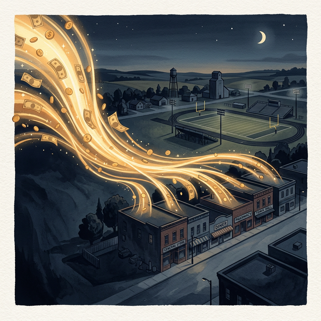 Illustration of money streams flowing into a rural town and sports field
