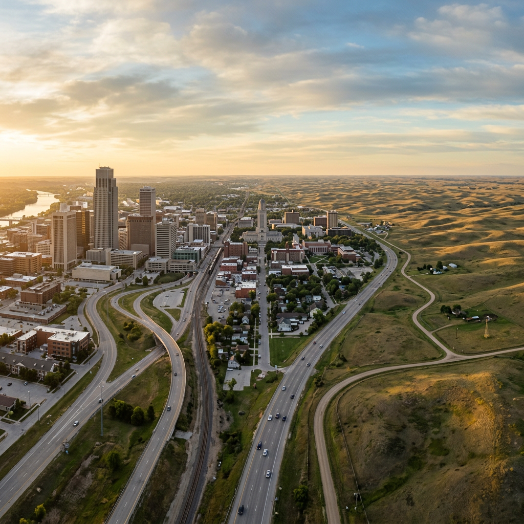 Aerial view of Bismarck skyline, roads, river, and surrounding prairie