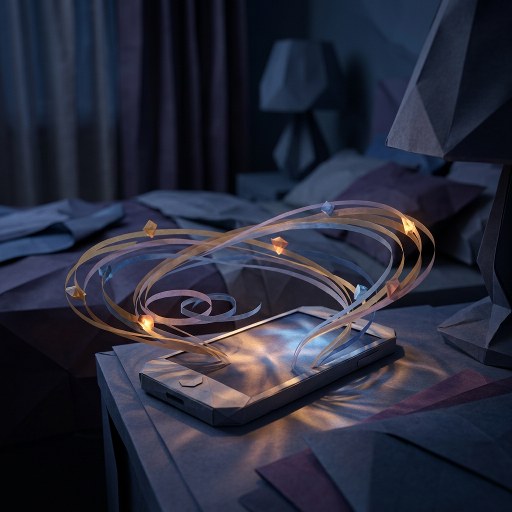 Glowing ribbons spiraling above a smartphone on a table