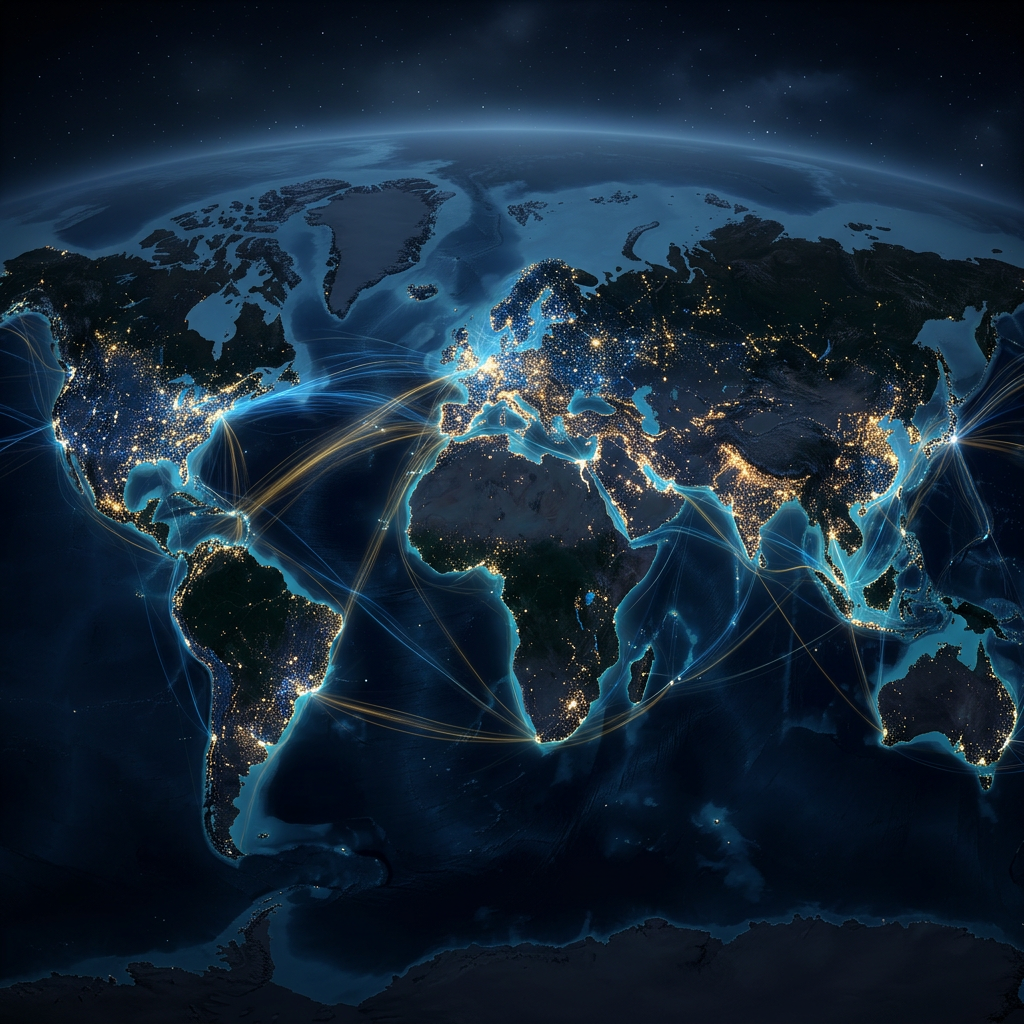 Glowing world map showing city lights and interconnected global routes
