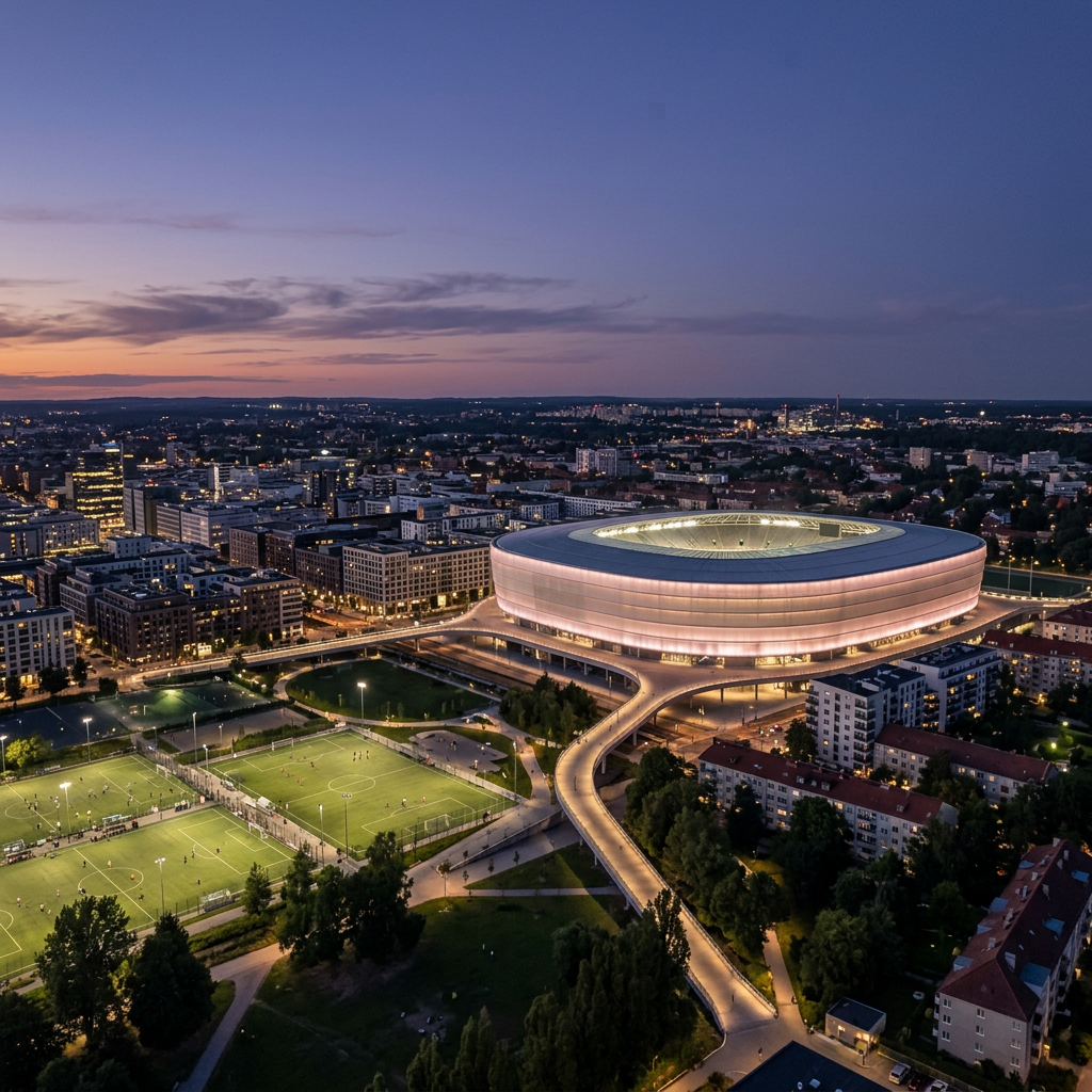 Aerial view of an illuminated oval stadium beside lit soccer fields at dusk