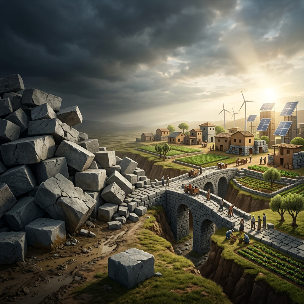 Rural village with farms, stone bridge, wind turbines, and solar panels