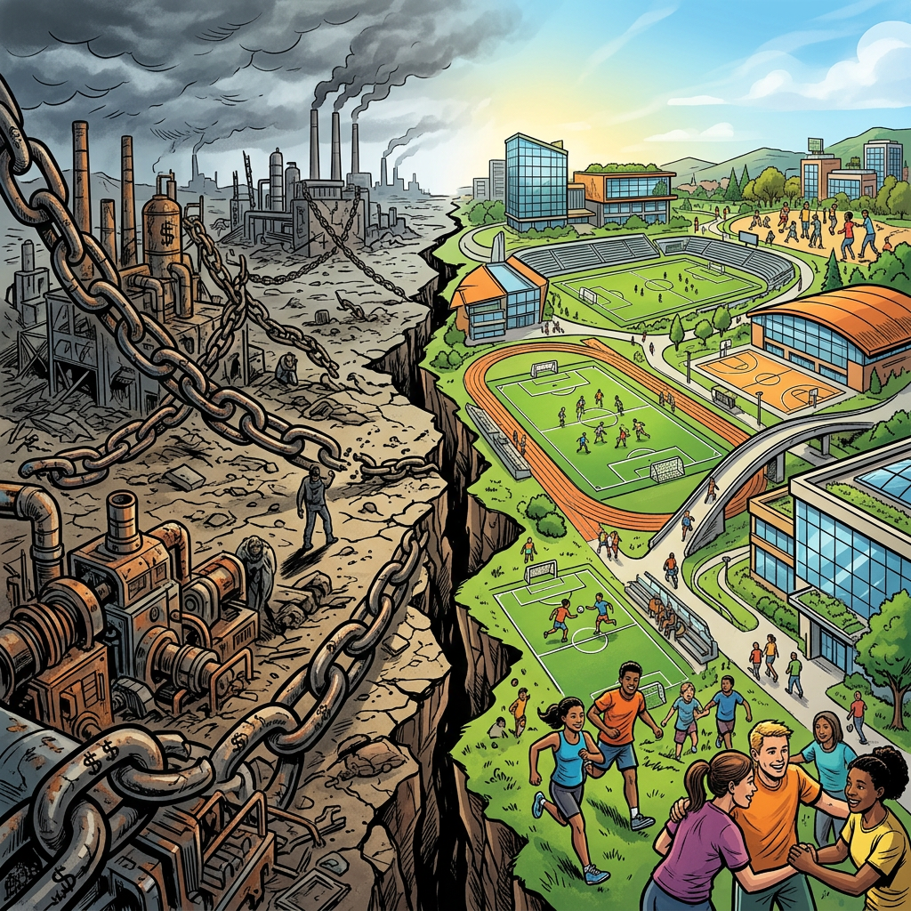 Illustration contrasting a polluted industrial wasteland with a thriving sports-filled green community