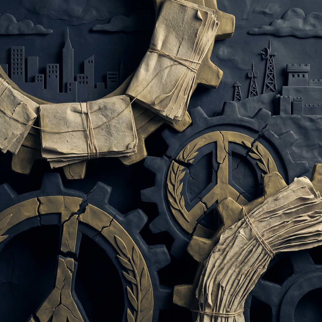 Gears, bundled newspapers, and industrial city silhouettes in a dark sculptural scene