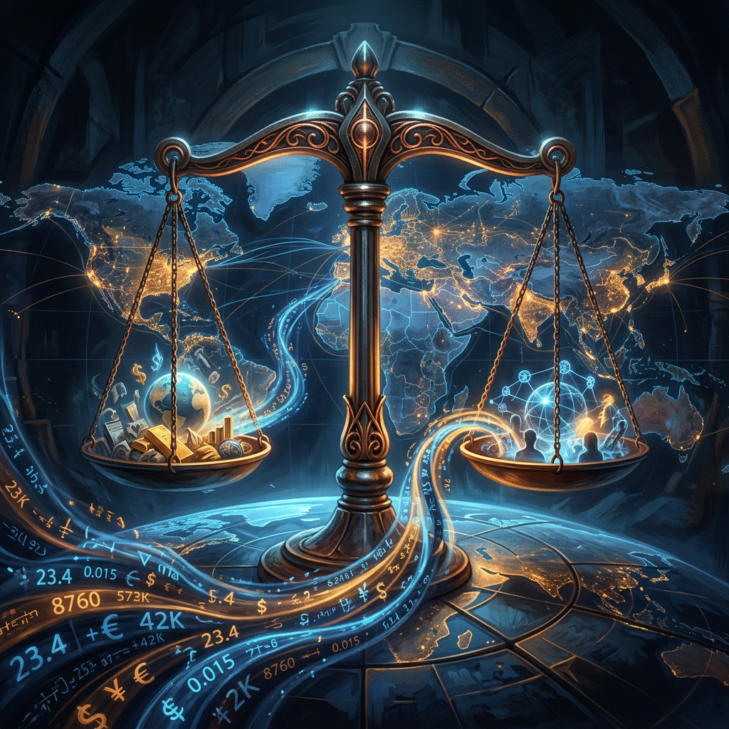 Ornate balance scale over glowing world map with financial data streams