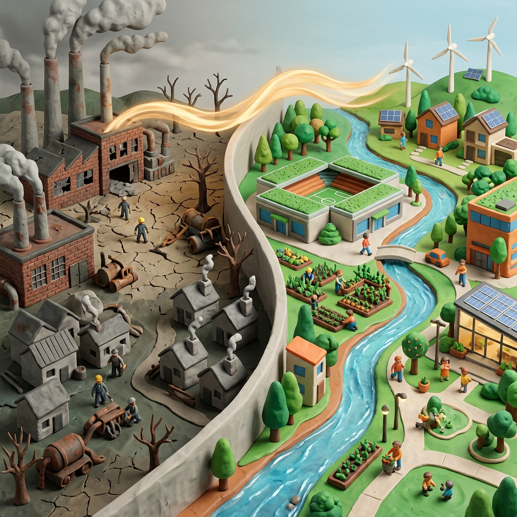 Split landscape contrasting polluted industry with a green sustainable community
