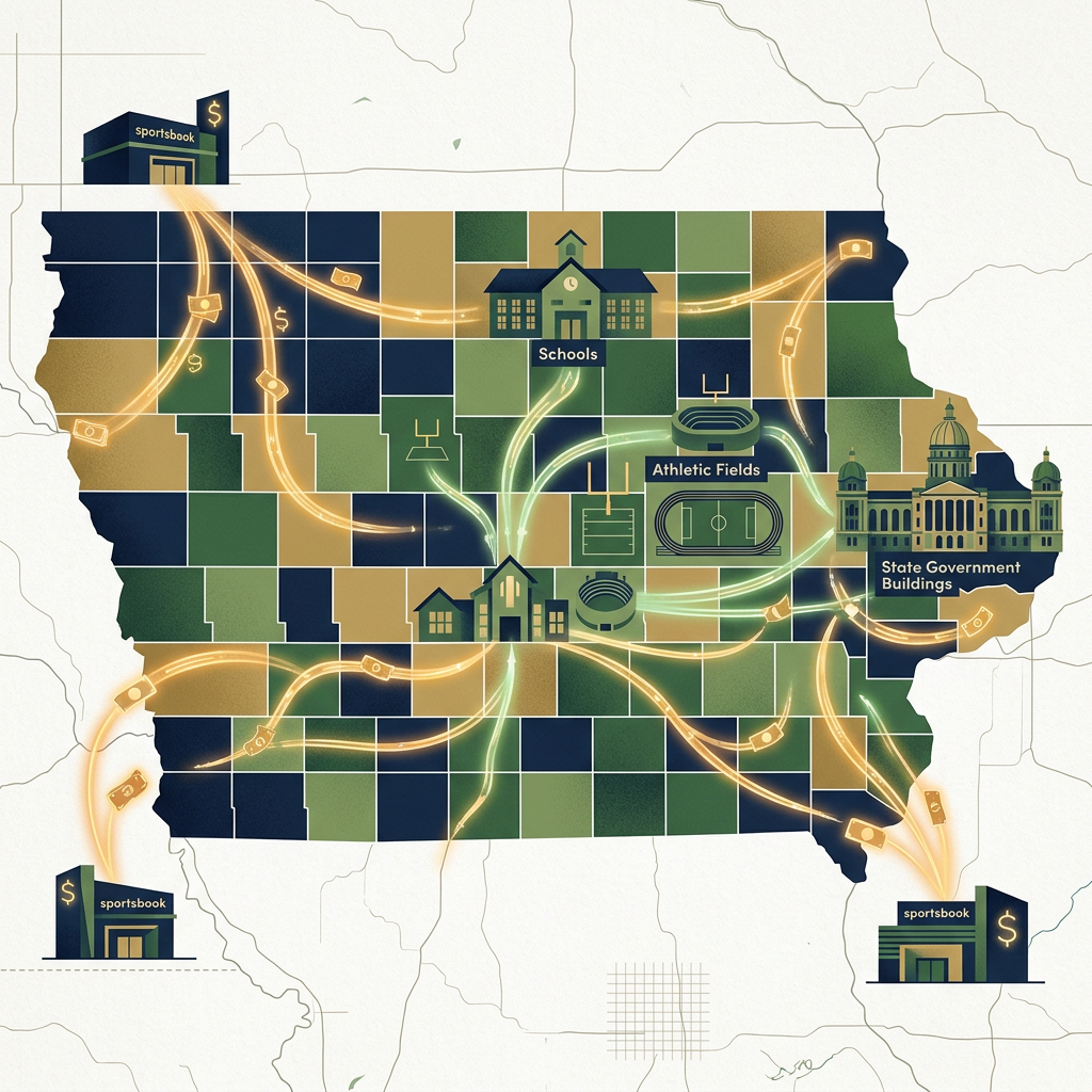 Map labeled Sportsbook, Schools, Athletic Fields, and State Government Buildings with glowing money pathways