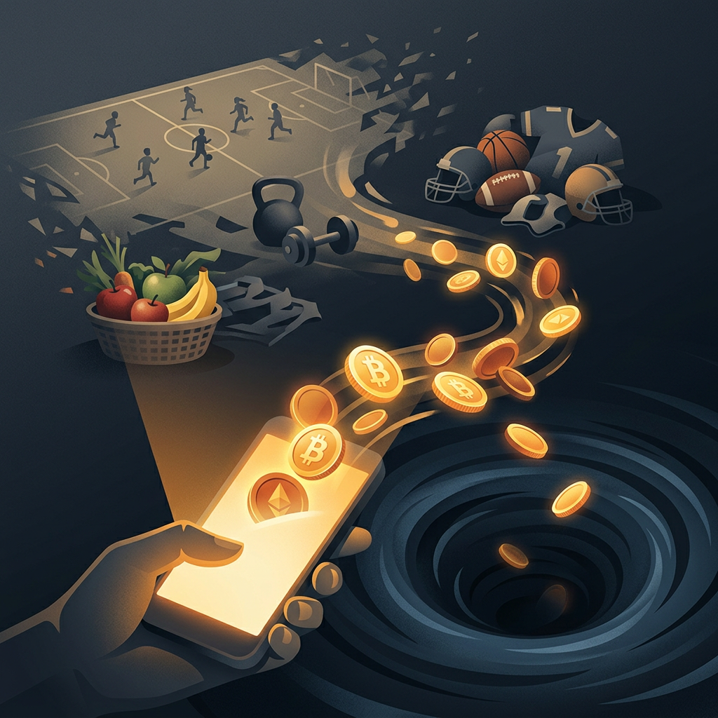 Smartphone displaying cryptocurrency coins flowing toward a dark vortex beside sports and fitness equipment