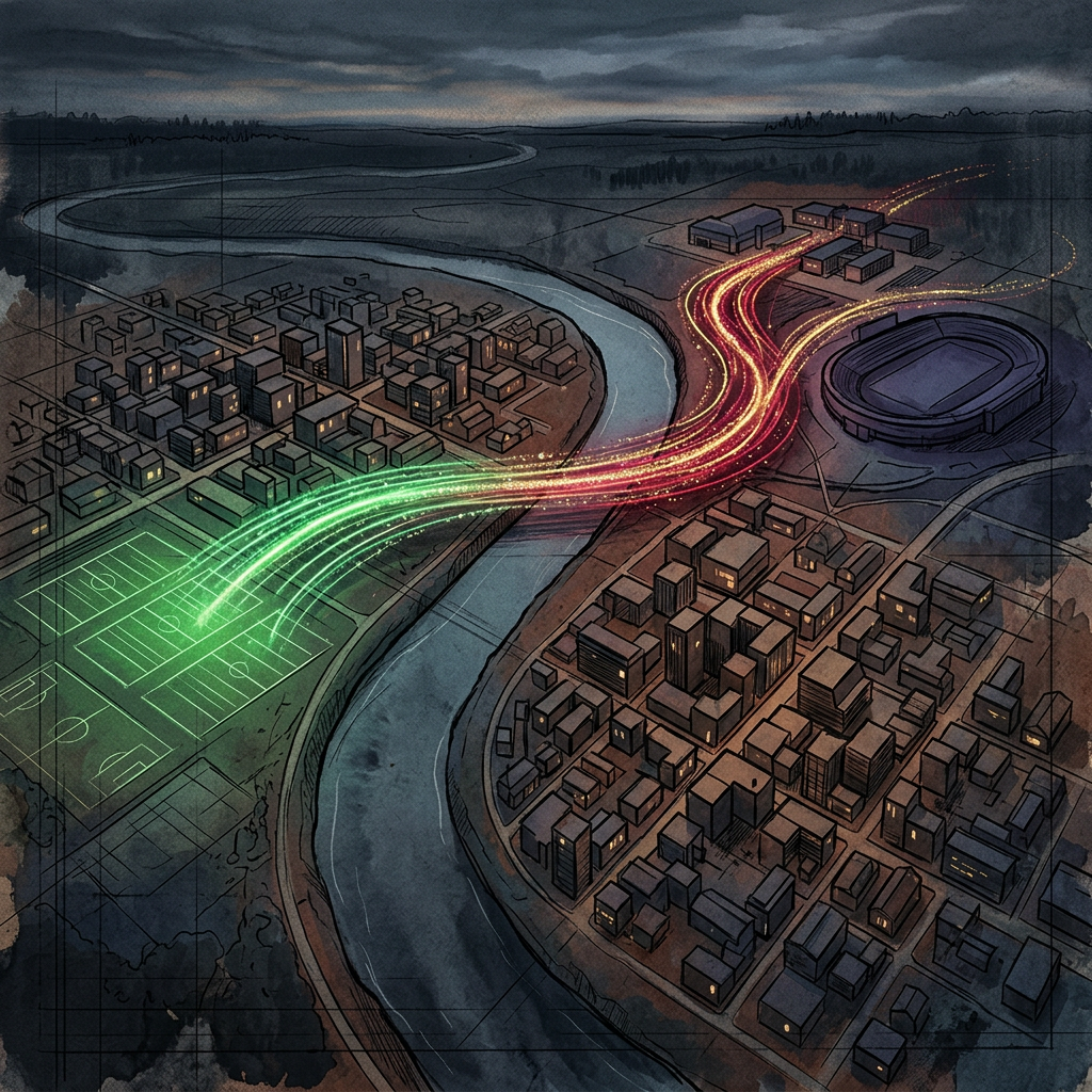 Illustrated city neighborhoods connected by glowing pathways across a winding river