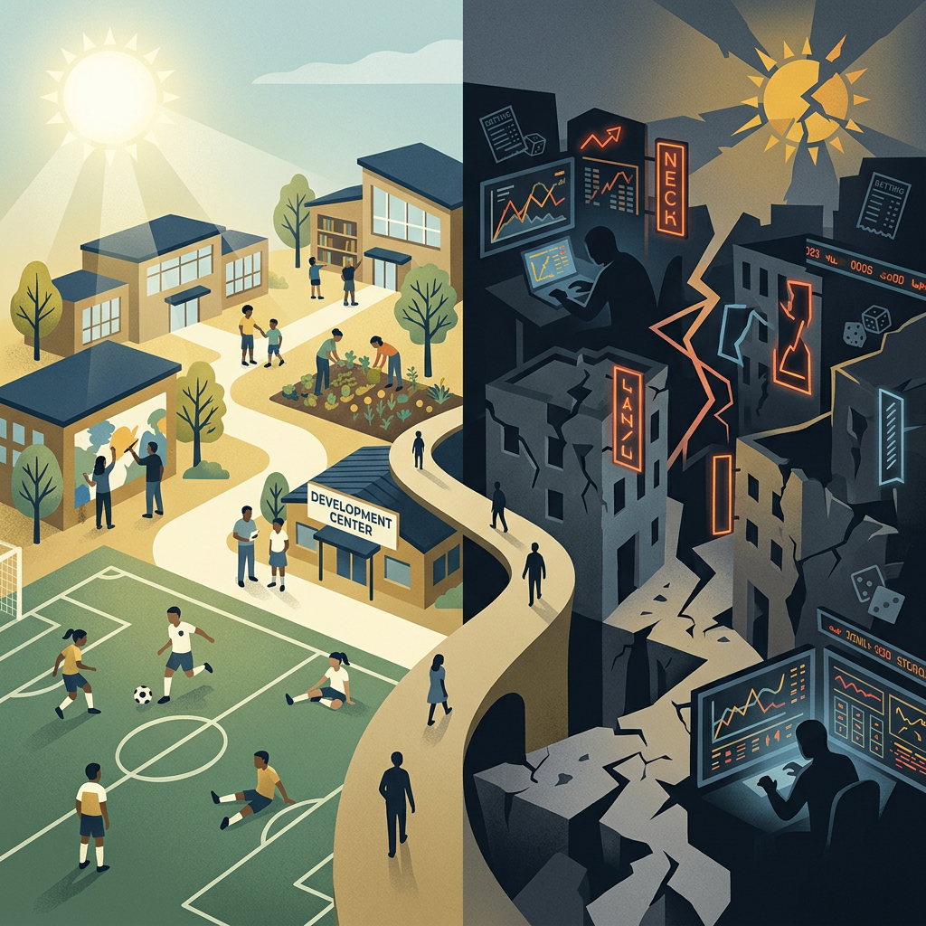 Split illustration contrasts a thriving development center with a cracked, financially troubled city.