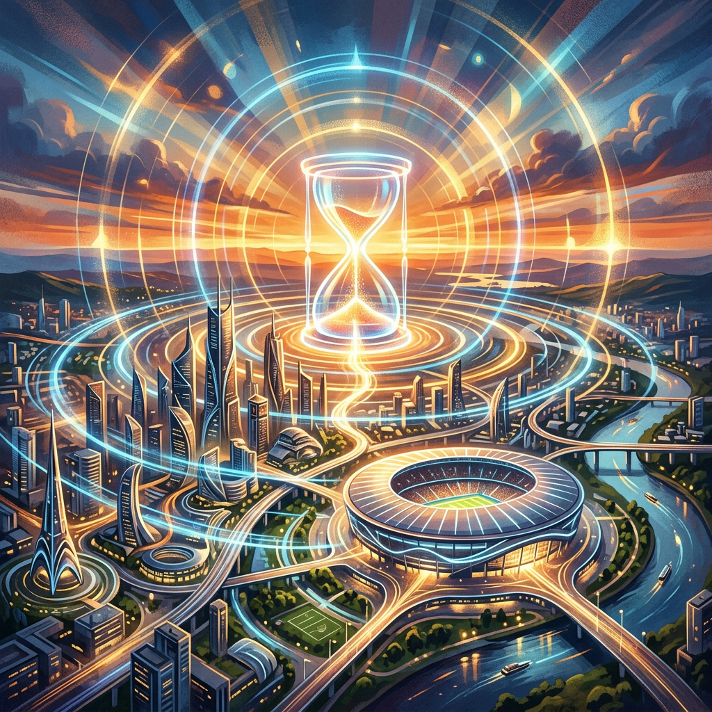 Glowing hourglass above a futuristic city with stadium and illuminated rings