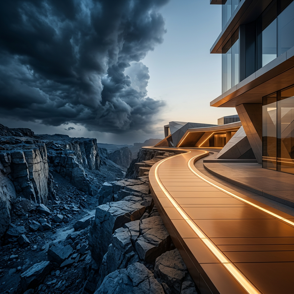 Futuristic glass building with glowing pathway above rugged cliffs