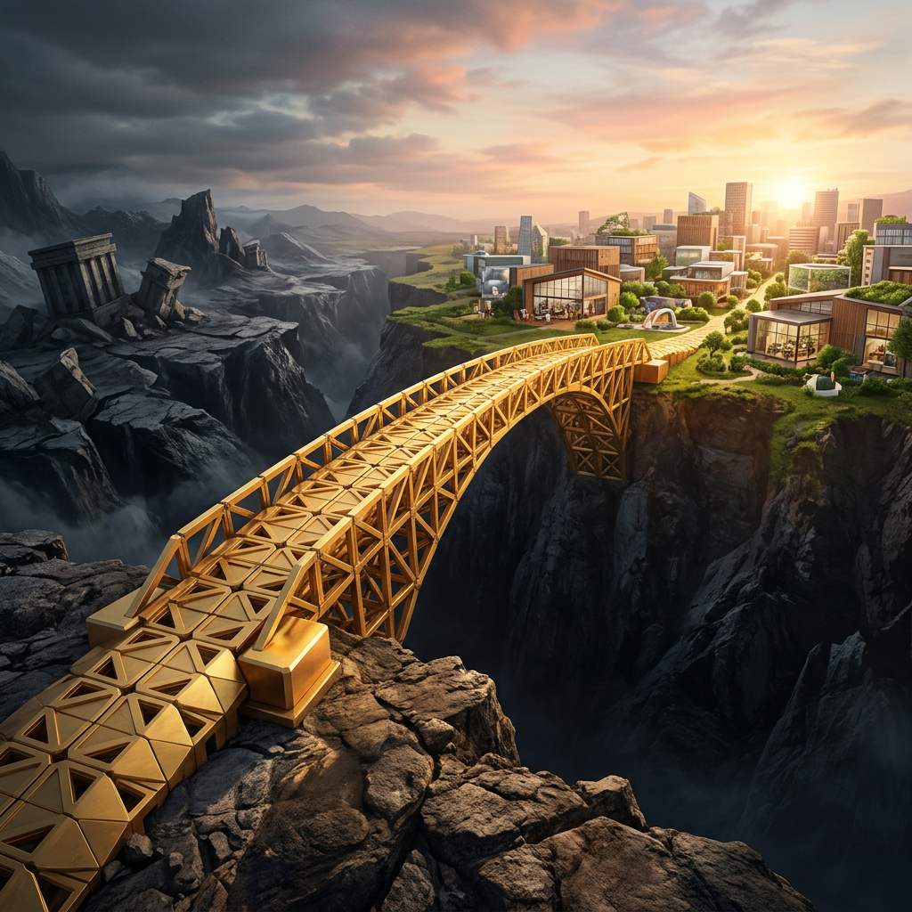 Golden arched bridge connecting a green futuristic city across a rocky chasm