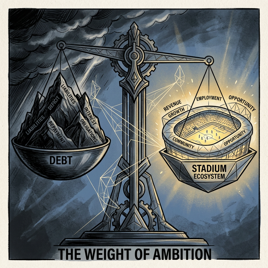 Scales balance a debt bowl labeled liabilities, default, repayment, interest, and obligations against a stadium ecosystem labeled revenue growth, employment, opportunity, and community; text reads “THE WEIGHT OF AMBITION.”
