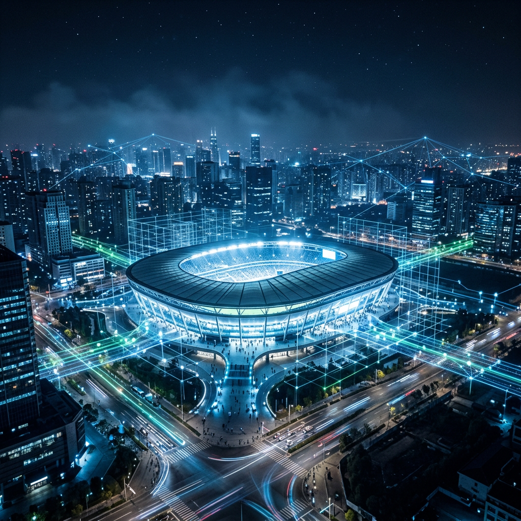 Illuminated stadium surrounded by skyscrapers and glowing digital network lines at night