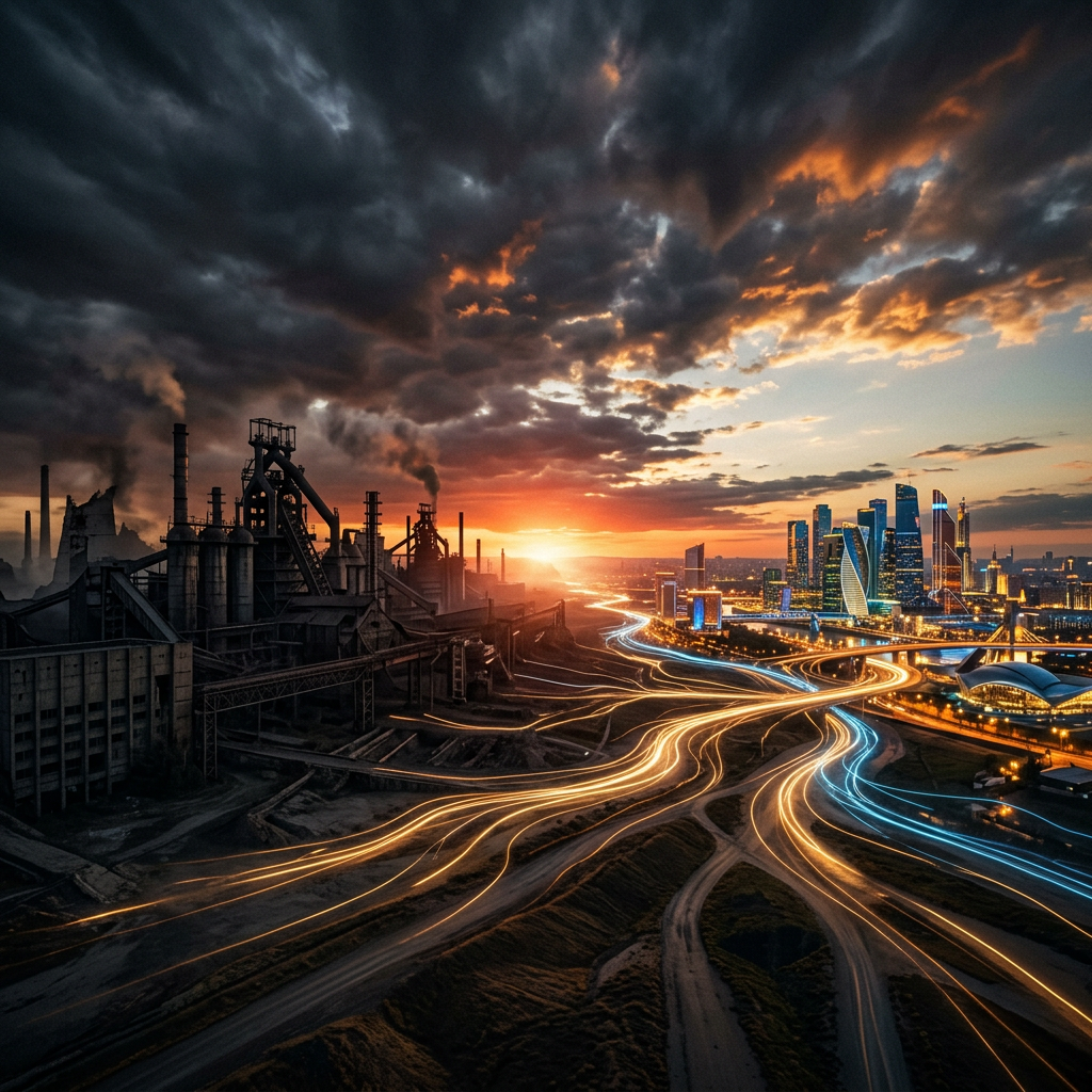 Industrial factories and illuminated highways beside a modern city skyline at sunset